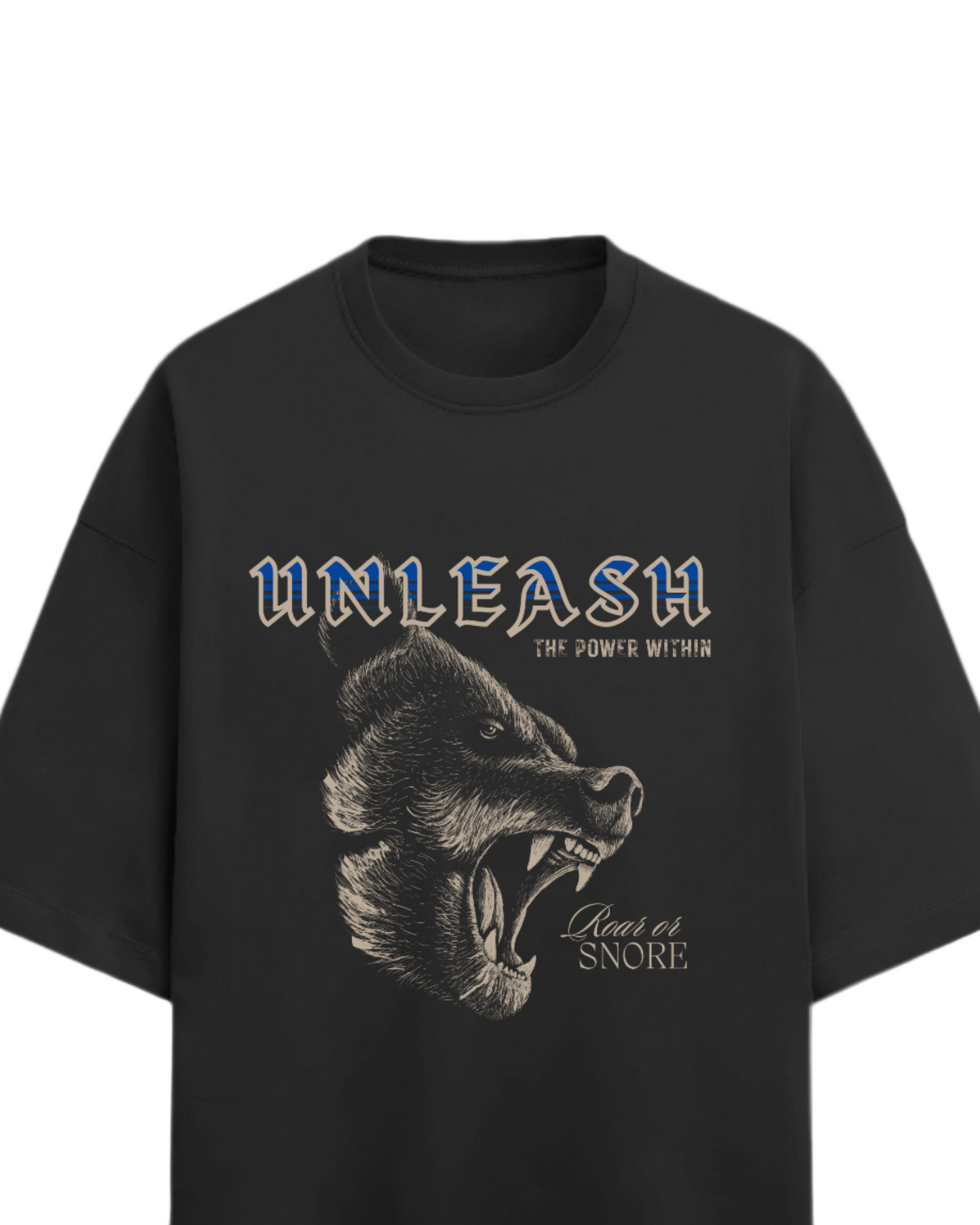 Black t-shirt with bear graphic and text on a white background
