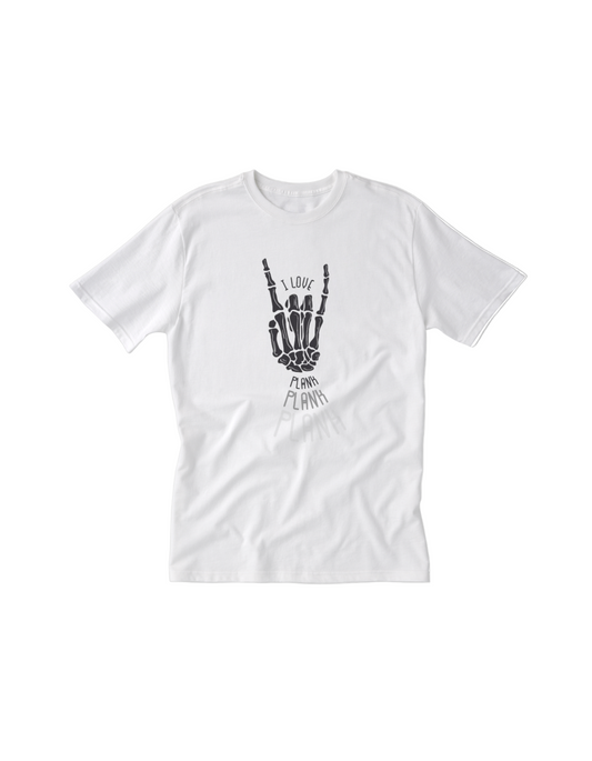 White t-shirt with black graphic design on a grey background