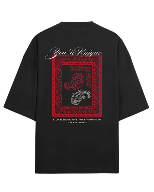 Black t-shirt with red and white graphic design on a white background