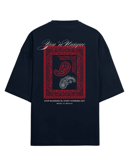 Black t-shirt with red and white graphic design on the back, featuring text and paisley pattern.