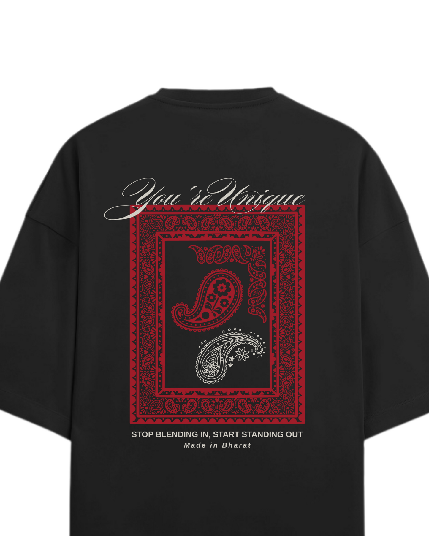 Black t-shirt with red and white paisley design and text on the back