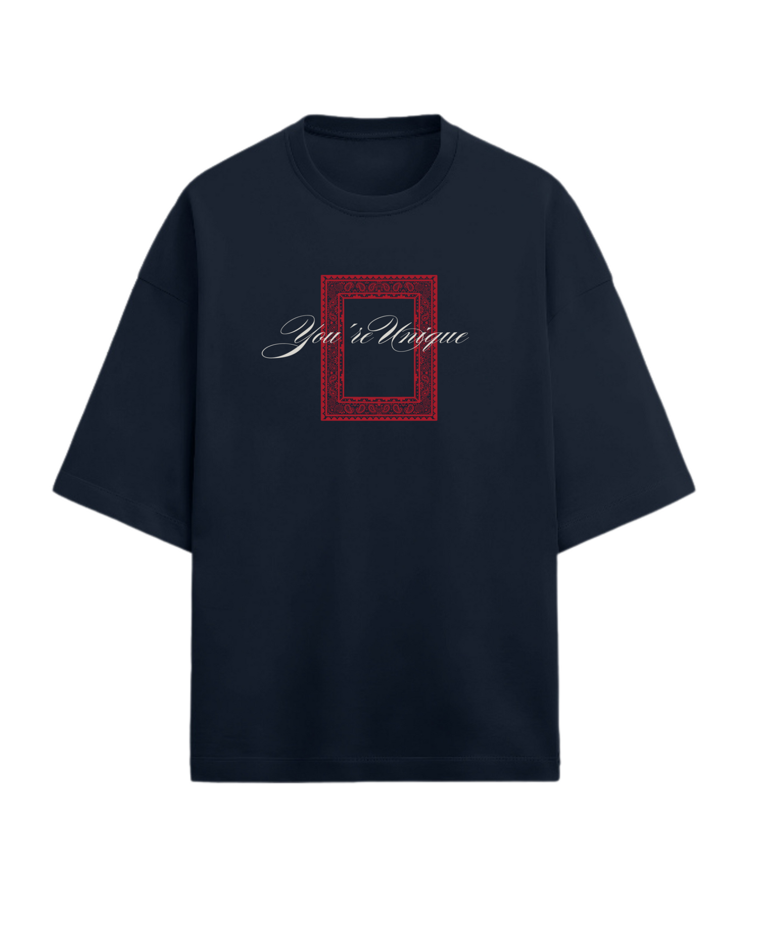 Navy blue t-shirt with a red square design and text on a white background