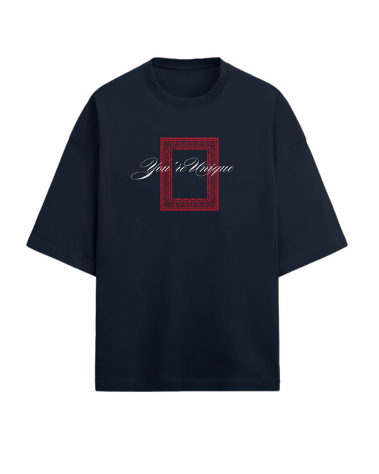 Navy blue t-shirt with a red square design and text on a white background