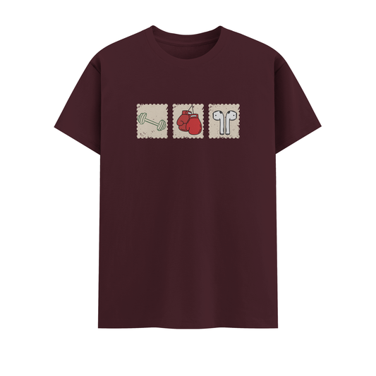 Maroon t-shirt with graphic design on a white background