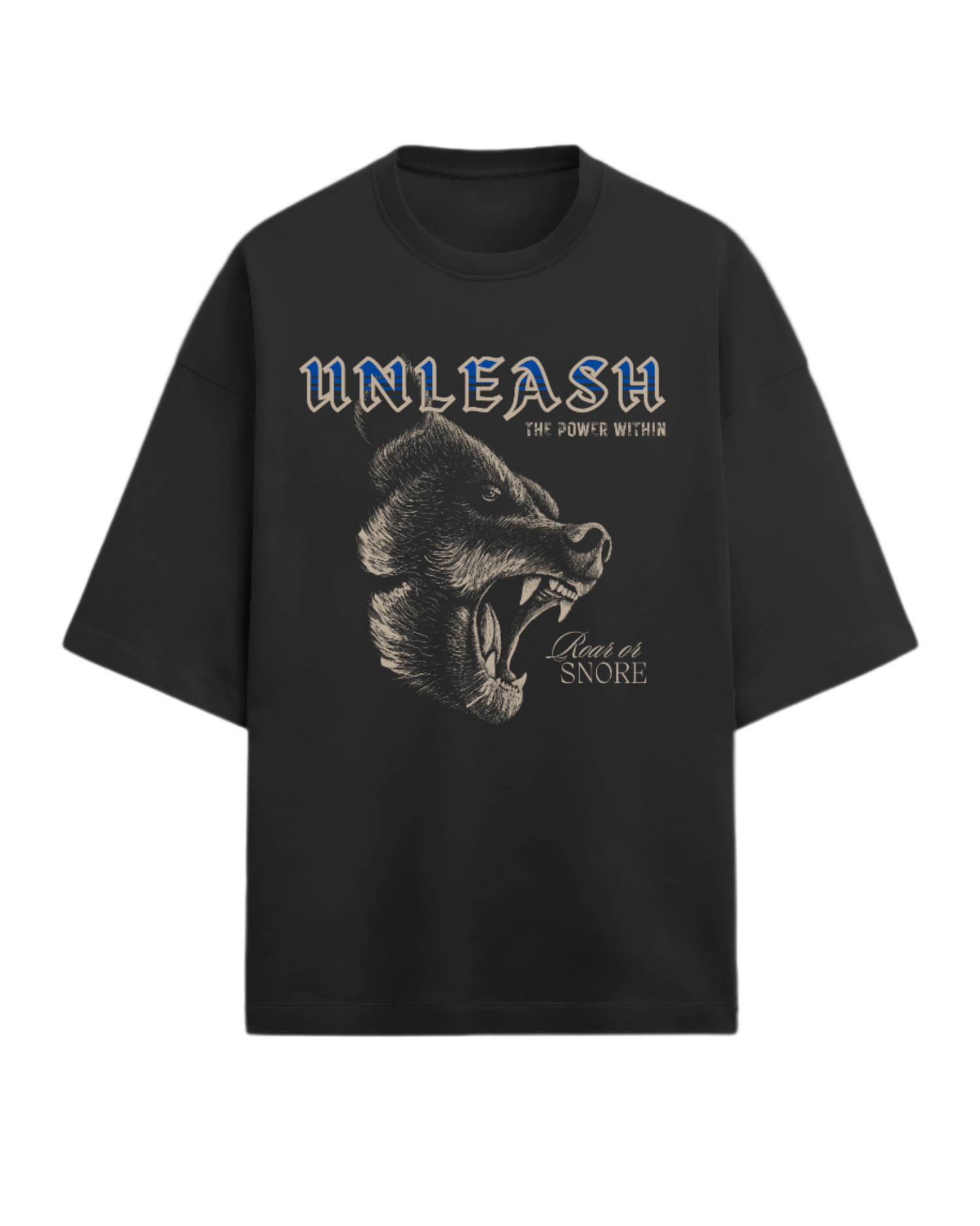 Black t-shirt with bear graphic and text on a white background