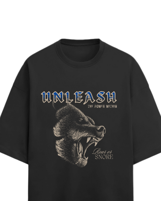 Black t-shirt with bear graphic and text on a white background