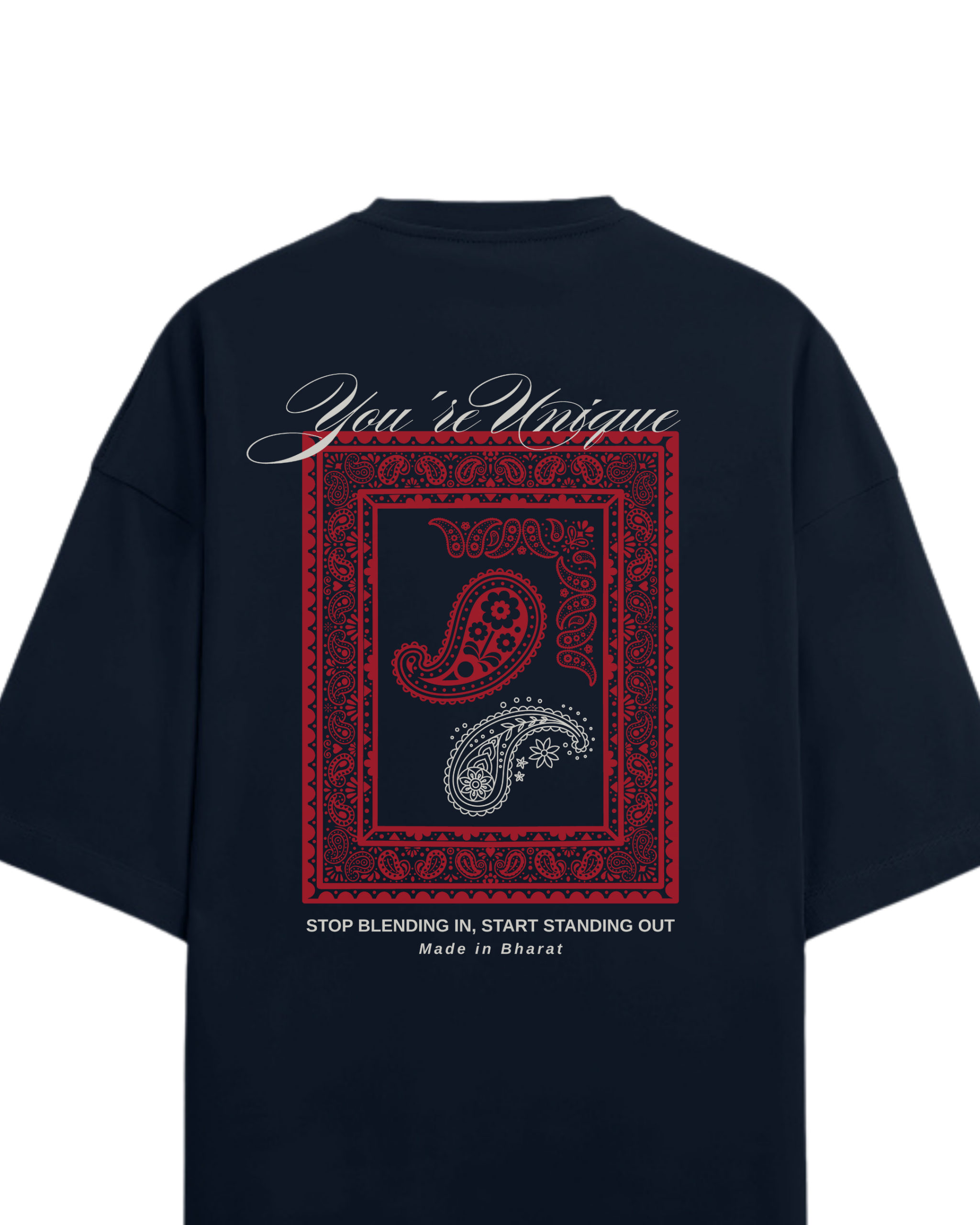 Black t-shirt with red and white paisley design on the back