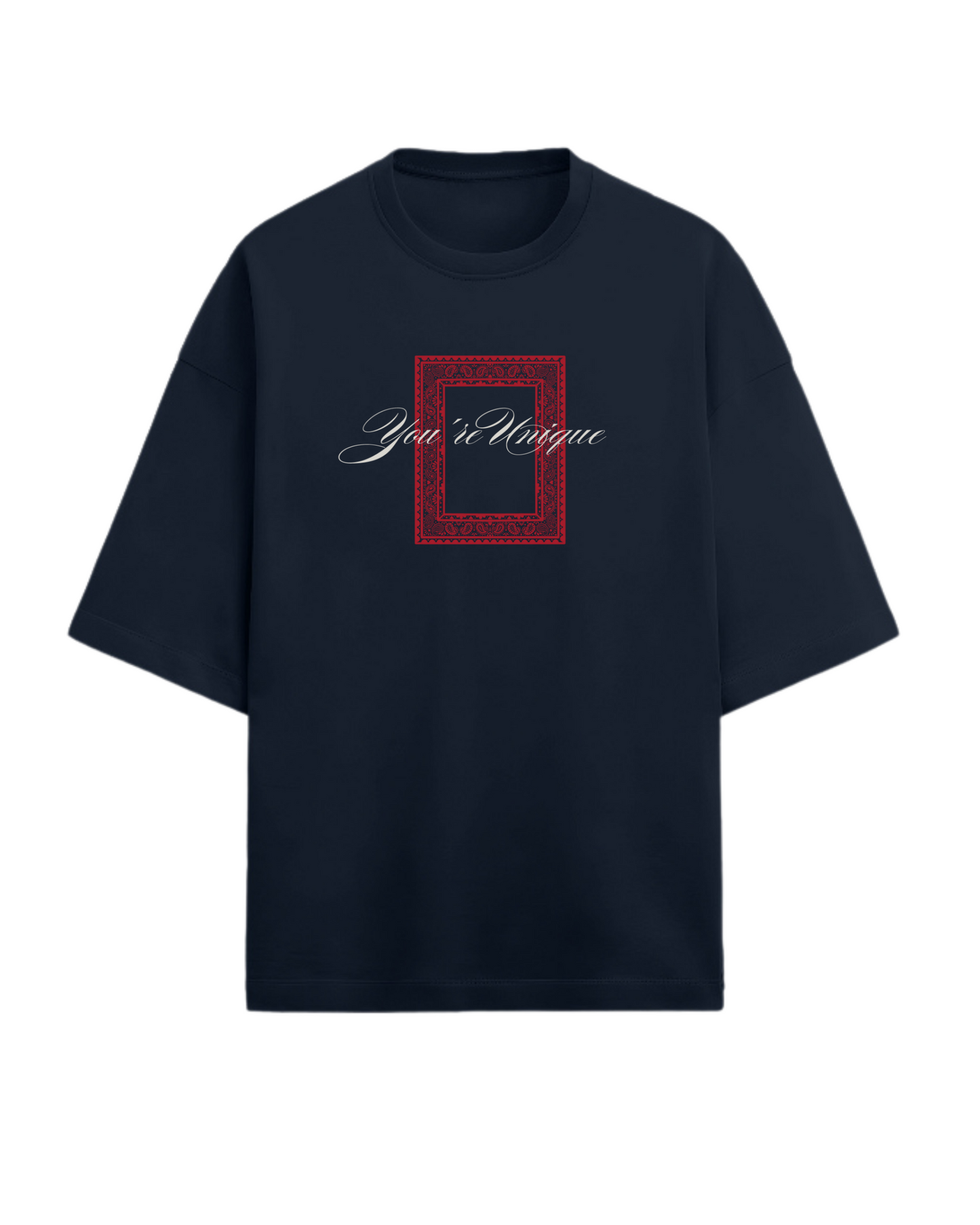 Navy blue t-shirt with a red square design and text on a white background