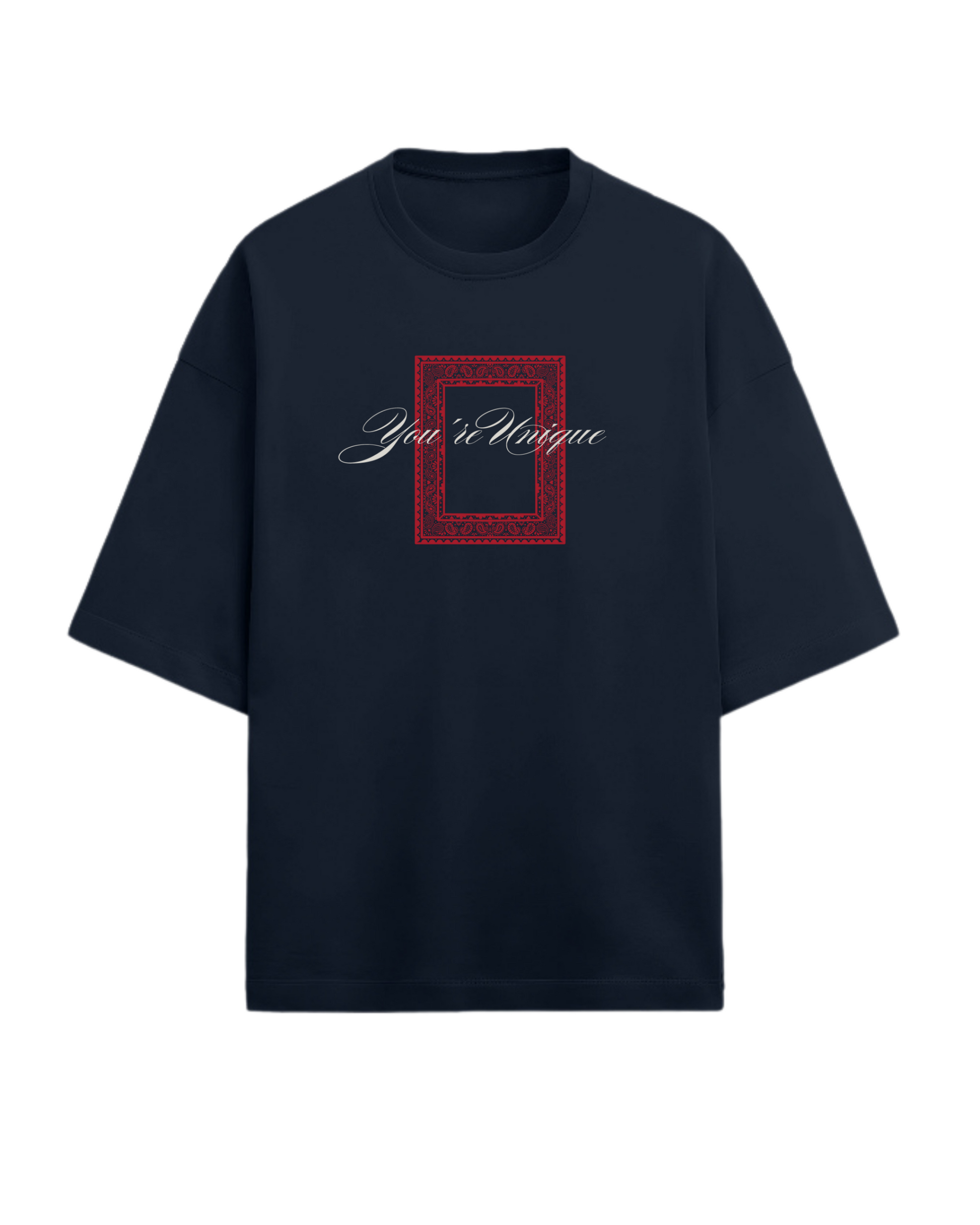 Navy blue t-shirt with a red square design and text on a white background